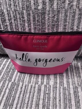 Clinique Red and White Striped Makeup Pouch with Branded Pull